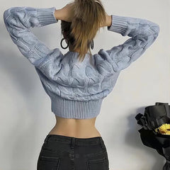 PICSGIRL - 2024 Casual Sexy Women's Knitted Twisted Shaped Chic Long Sleeved Stylish Slim Fits Sweater Short Pullovers Tops Streetwear Aiertu