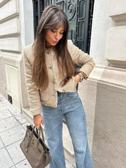 Aiertu - Tweed Woolen Khaki Short Blazer Jacket Pockets Tassel Office Lady Vintage Slim Elegant Coat Women Autumn Winter New Aiertu