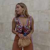 Aiertu - Exotic Charm Bohemian Ethnic Style Contrasting Tassel Lace Up Casual Vest Women's Embroidered Cardigan Top Aiertu
