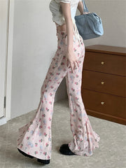 Aiertu - Slim Mopping Flare Pants Women High Waist Slim-Fit Printed Chic Autumn Casual Streetwear Office Lady Florals Aiertu