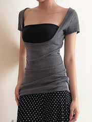 Aiertu -Contrast Backless Faux Two-Piece Crop Top aiertu