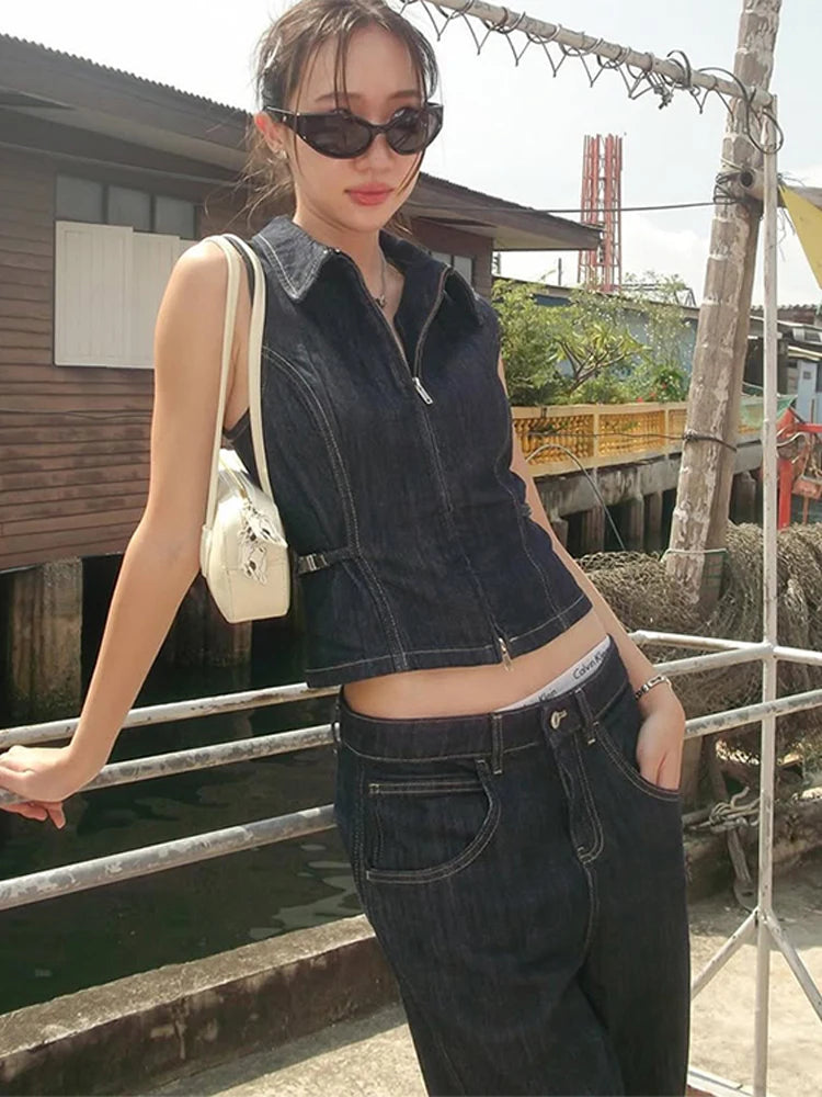 Aiertu - High Street Denim Tank Women Lapel Sleeveless Zippers Slim Crop Tanks Female 2025 Spring Summer Fashion Casual Solid Lady Tops Aiertu