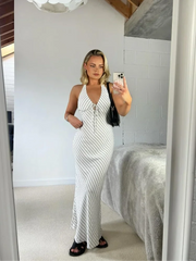Aiertu - Stripe Print Lace Up Slim Long Dresses For Women Sexy V-neck Sleeveless Backless Maxi Dress New Fashion Lady Party Evening Robes Aiertu