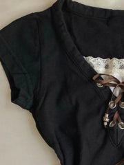Aiertu - Vintage Fake Two Piece Black T-shirt Womens Harajuku Lace Patchwork Bandage Tops Streetwear Grunge Slim Fit VSummer Shirts Femme Aiertu