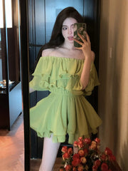 Aiertu Dresses Women Off Shoulder Slash Neck Ruffles Sexy Spring Summer Patchwork Solid Loose Elegant Mini Dress Ladies Fashion Aiertu