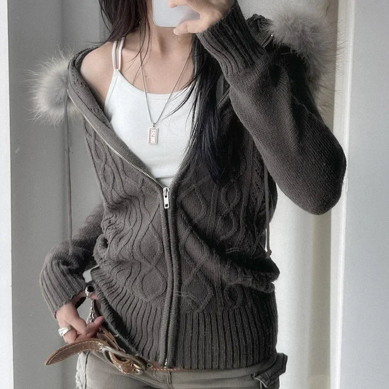Aiertu - Vintage American High Street Zip Up Knitted Cardigan Sweaters Simple French All Match Lazy Women Jumpers Y2k Aesthetic Clothes Aiertu