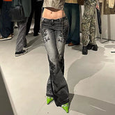 Aiertu - Vintage Plant Print Washed Low Waist Flared Jeans Y2K Fashion Aesthetic Slim Fit Graphic Denim Trousers High Street Aiertu