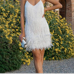 Aiertu Sequins Tassel Feather Spaghetti Strap Dress Women Fashion Sexy Stitching Mini Dresses Ladies Evening Party Club Elegant Dress Aiertu