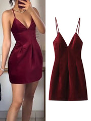 Aiertu - Retro Red Velvet Sling Dress For Women Elegant Sleeveless V Neck Backless Mini Dress Lady A Line Merry Christmas Party Vestidos Aiertu