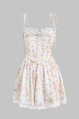 Aiertu -Floral Print Ruched Tie Up Zipper Corset Slip Mini Dress aiertu