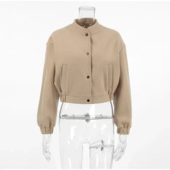 Aiertu - Casual Short Bomber Coats Women Loose O-neck Long Sleeve Single Breasted Jacket 2026 Autumn New Lady Vintage Solid Tops Outwear Aiertu