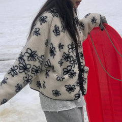 Aiertu - Sweet Flower Pattern Double-Sided Wear Outerwear Korean Series Faux Lamb Wool Jacket Women Winter Clothing Loose Warm Thick Coat Aiertu