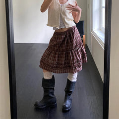 Aiertu - Vintage Plaid Mini Skirt Women Japanese Harajuku Ruffles Patchwork Black Skirts Summer High Waist Casual A Line Faldas New Aiertu