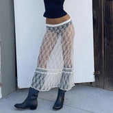 Aiertu - Fall Outfits 2026 Sexy See-Through Lace Sheer Maxi Skirt Women Low Waist Transparent Long Skirt Music Club Party Fairy Coquette Cover-up Skirt Aiertu