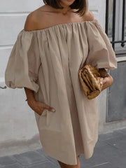 Aiertu - Sexy Slash Neck Off Shoulder Khaki Short Dress High Street Fashion Casual Woman Clothing Summer Puff Sleeve Solid Party Dresses Aiertu