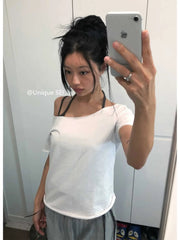 Aiertu - Korean Simple Ribbon Halter Vest + Wing Print Short Sleeved T-shirt Fashion Spicy Girl Slim Fit Streetwear 2 Pcs Set Women Suits Aiertu