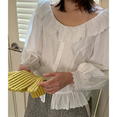 Aiertu Pure Cotton White Shirts Women Vintage Lace Patchwork Blouses Korean Elegant Ruffles Lantern Long Sleeve Casual Tops New Aiertu