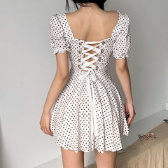 Aiertu - Tie Strap Heart Puff Sleeve Mini Dress Aiertu