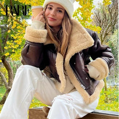Aiertu - New Autumn Winter Women Faux Lamb Fur Short Jacket Vintage Female Moto Biker Zipper Thick Warm Coat Fleece Outwear Aiertu