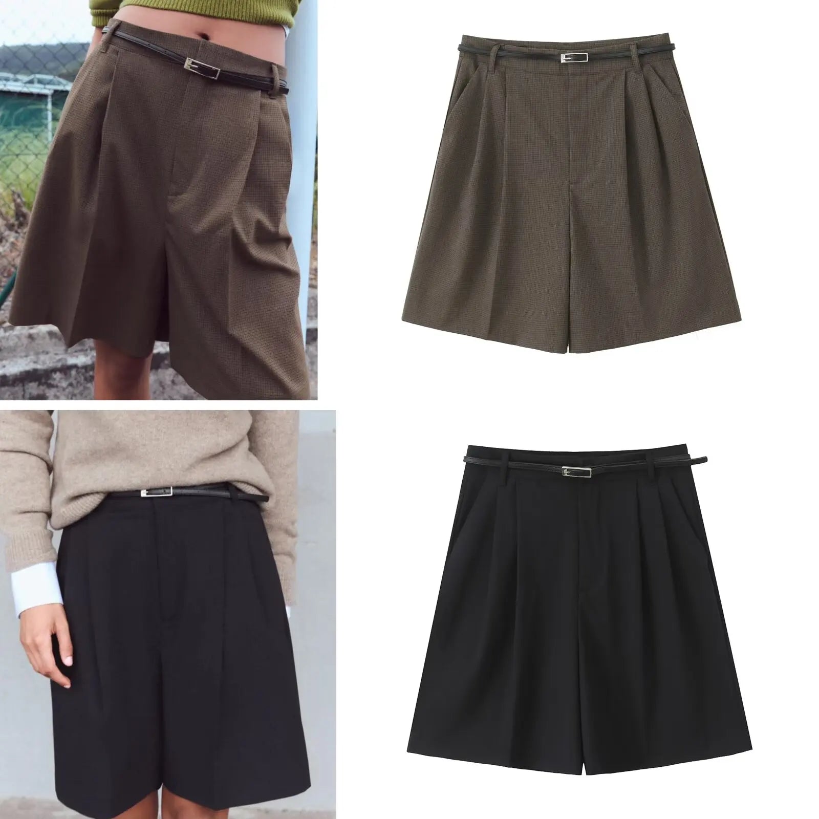 Aiertu - European and American style fashion all-match belt pleated all-match casual shorts women's new straight wide-leg suit shorts Aiertu