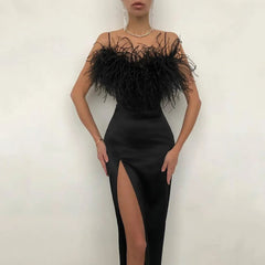 Aiertu - New Spring and Summer European and American Women's Dress with Feathered Halter Slim Temperament Package Arm Dress Aiertu