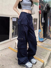 Aiertu - Korean Style Cargo Pants Women Y2K Vintage Drawstring Navy Blue Trousers Harajuku Oversized Streetwear Retro Wide Leg Sweatpants Aiertu