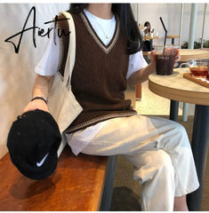 3 colors autumn and winter preppy style v neck knitted sleeveless vest sweaters womens pullovers womens (X973) Aiertu