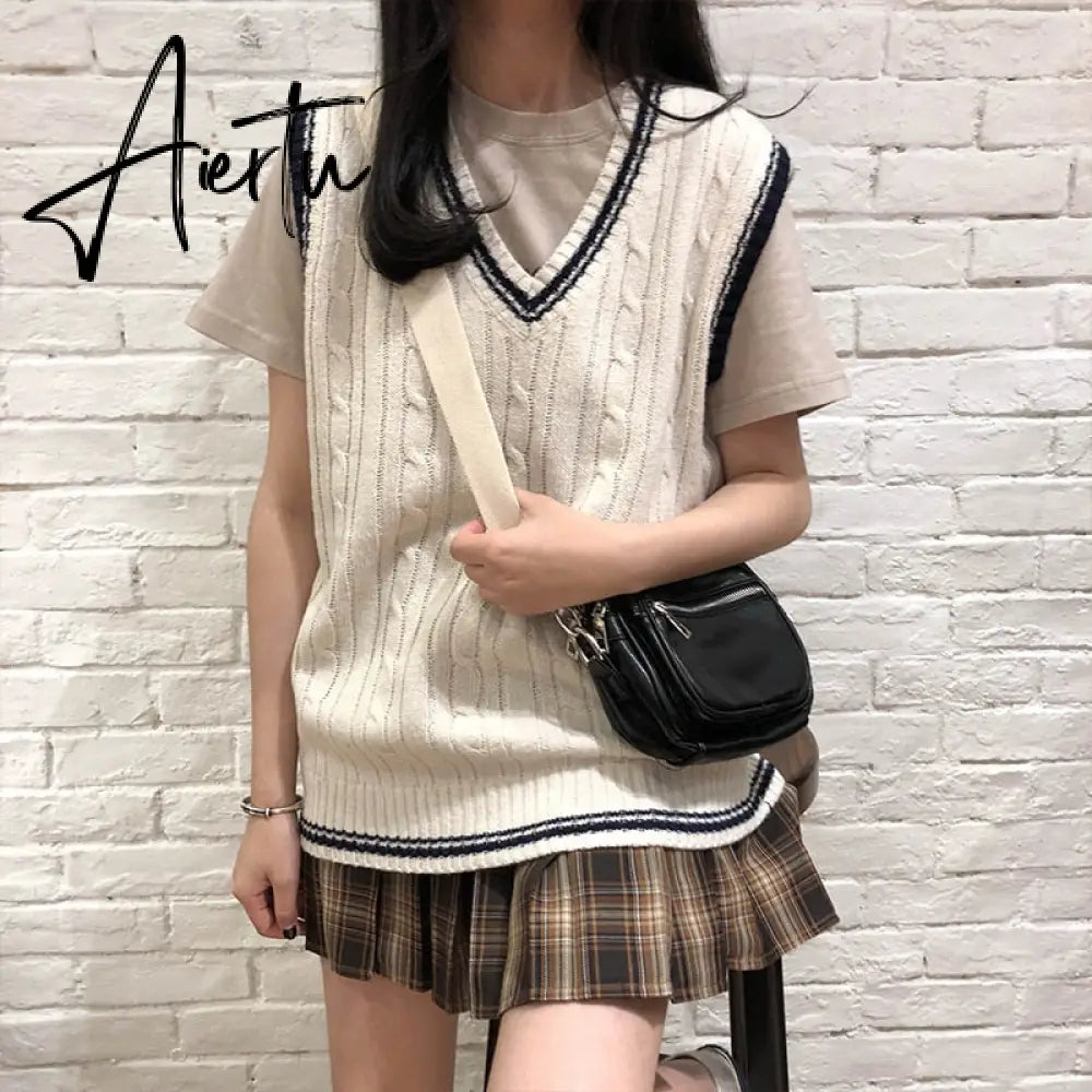 3 colors autumn and winter preppy style v neck knitted sleeveless vest sweaters womens pullovers womens (X973) Aiertu