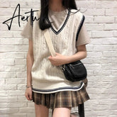 3 colors autumn and winter preppy style v neck knitted sleeveless vest sweaters womens pullovers womens (X973) Aiertu