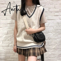 3 colors autumn and winter preppy style v neck knitted sleeveless vest sweaters womens pullovers womens (X973) Aiertu