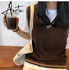 3 colors autumn and winter preppy style v neck knitted sleeveless vest sweaters womens pullovers womens (X973) Aiertu