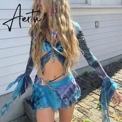 3 Piece Set Fairy Y2K Tie Dye Print Chest Wrap Backless Bandage Halter Tops Flared Long Sleeve Shrug T Shirt Pleated Mini Skirt Aiertu