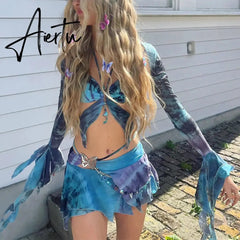 3 Piece Set Fairy Y2K Tie Dye Print Chest Wrap Backless Bandage Halter Tops Flared Long Sleeve Shrug T Shirt Pleated Mini Skirt Aiertu