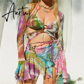 3 Piece Set Fairy Y2K Tie Dye Print Chest Wrap Backless Bandage Halter Tops Flared Long Sleeve Shrug T Shirt Pleated Mini Skirt Aiertu