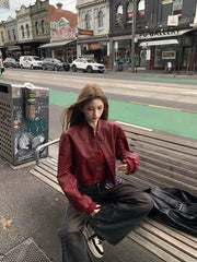 Aiertu - Vintage Red Women Faux Leather Jackets Zipper Chic Long Sleeve Casual Cropped Coat New High Street Fashion Outerwear Aiertu