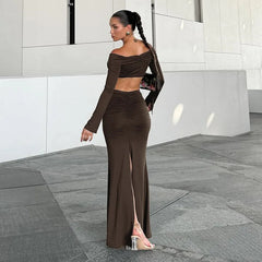 Aiertu - Fashion Off Shoulder Ruched Dress Sets Autumn Vacation Beachwear Matching Sets Sexy Split Two Piece Sets Outfits Aiertu