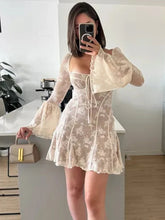 Aiertu Lace Ruffle Mini Dress Slim Sexy Backless Long Sleeve Bandage Dresses Women Summer Slim Patchwork Vacation Beach Dress Aiertu