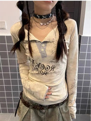 Aiertu - American Y2K Letter Printed Fake Two Piece Long-sleeved T-shirt Retro Street Punk Distressed Loose Harajuku Casual Hot Girl Top Aiertu
