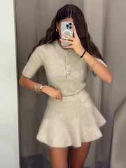 Aiertu - Women O Neck Button Wool Sweater Suit Casual High Waist Knitted Mini Skirts Set Fashion Autumn Winter Lady Commuting Outfit Aiertu