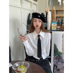 Aiertu Streetwear Tie Shirts Women Preppy Jk White Long Sleeve Crop Tops Student Korean College Slim Blouses Spring Autumn New Aiertu