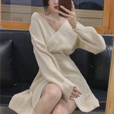 Aiertu Atumn Knitted Dress Women Long Sleeve V-Neck Sexy Pure Color Elegant Sweater Mini Dress Female Party One Piece Dress Korean Aiertu