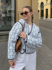 Aiertu - Elegant Blue Floral Printed V-neck Quilted Coats Women Fashion Cropped Buttons Oversized Jackets 2026 Autumn Lady Warm Outerwear Aiertu