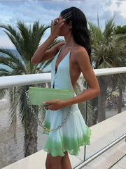 Aiertu - Fall Outfits 2026 Sexy Gradient Contrast Ruffles Halter Mini Dress Fashion Women Off Shoulder Backless Sleeveless Vestidos Chic Lady Party Gowns Aiertu