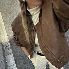 Aiertu - Lapel Cotton Leather Jacket Woman Short Retro Zipper Cardigan PU Jacket Solid 2025 Spring New female High Street Outwaer Aiertu