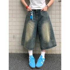 Aiertu Vintage Y2K Wash Whiskers Denim Shorts Women Low Rise Distressed Frayed Wide Leg Baggy Jeans Jorts Casual Summer Clothes Aiertu