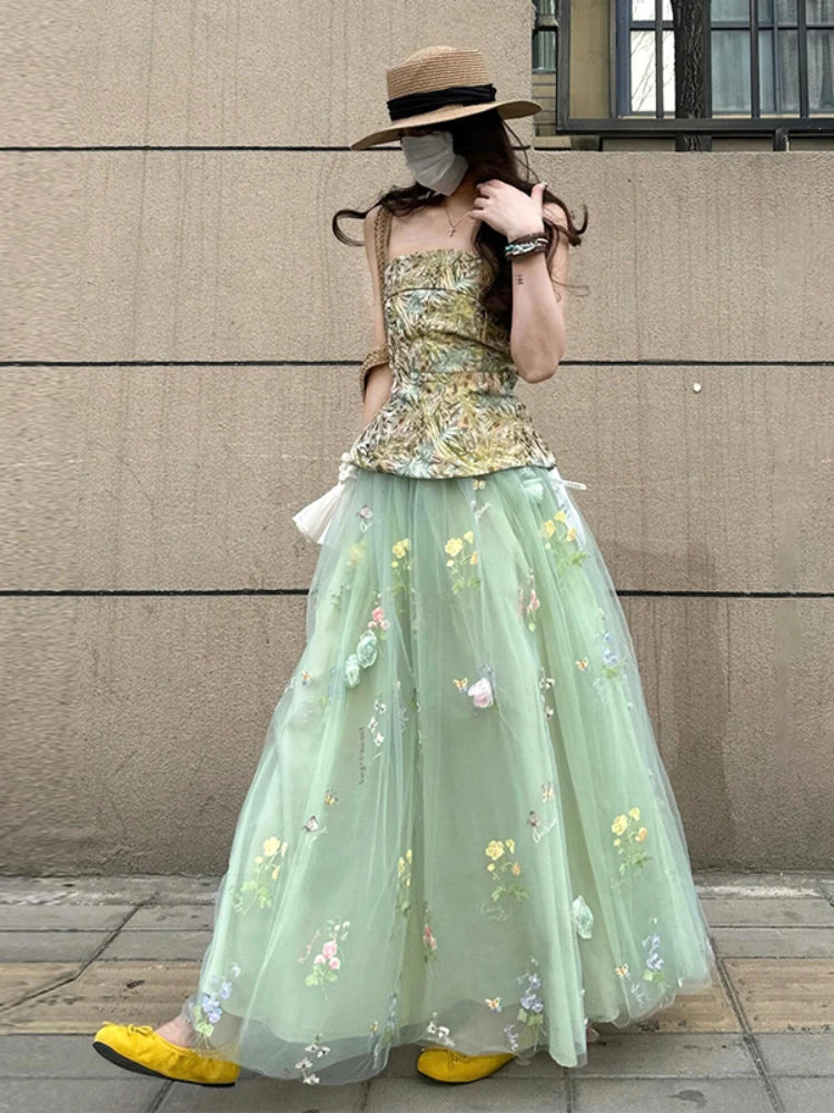 Aiertu - Summer stunning outfit set women's seaside vacation style floral strapless top green camisole dress two-piece set Aiertu