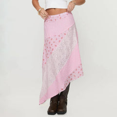 Aiertu - Women Y2K Ruffle Layered Maxi Skirt Elastic Waist Asymmetrical Hem Lace Trim A-line Long Skirt Holiday Vacation Aiertu