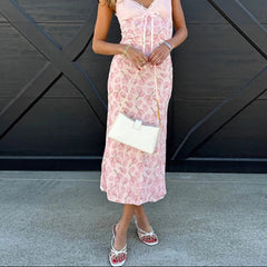 Aiertu - Sweet Sexy V Neck Floral Print Long Dress Female Casual Streetwear Backless Dresses Lace Patchwork High Waist Summer Party Dress Aiertu