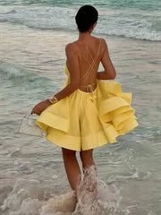 Aiertu - Halter Fuffy Short Pleated Dress Large Backless Cross Strap Beach A-Line Dresses V-Neck Waist Cinched Suspender Slimming Gown Aiertu