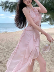 Aiertu - Sweet Pink Fairy Dress for Women Summer Halter Off Shoulder Sleeveless Ruffle Princess Birthday Party Dress Slim Casual Vestidos Aiertu
